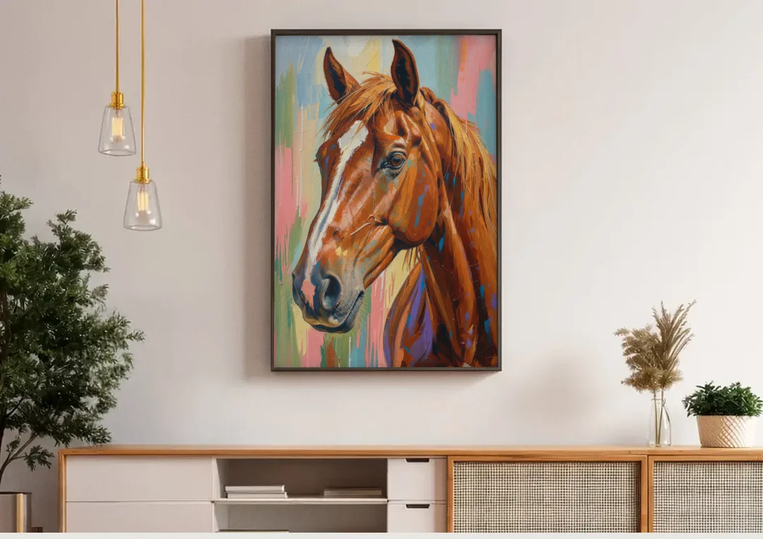 Horse Head Painting of a Chestnut in Pastel Streaks canvas wall art above a wooden sideboard under pendant lights