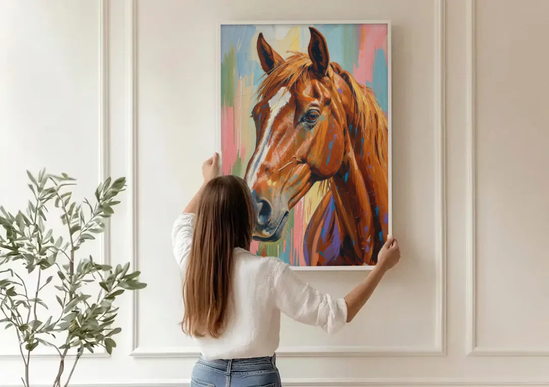 Horse Head Painting of a Chestnut in Pastel Streaks canvas wall art being hung on a paneled wall