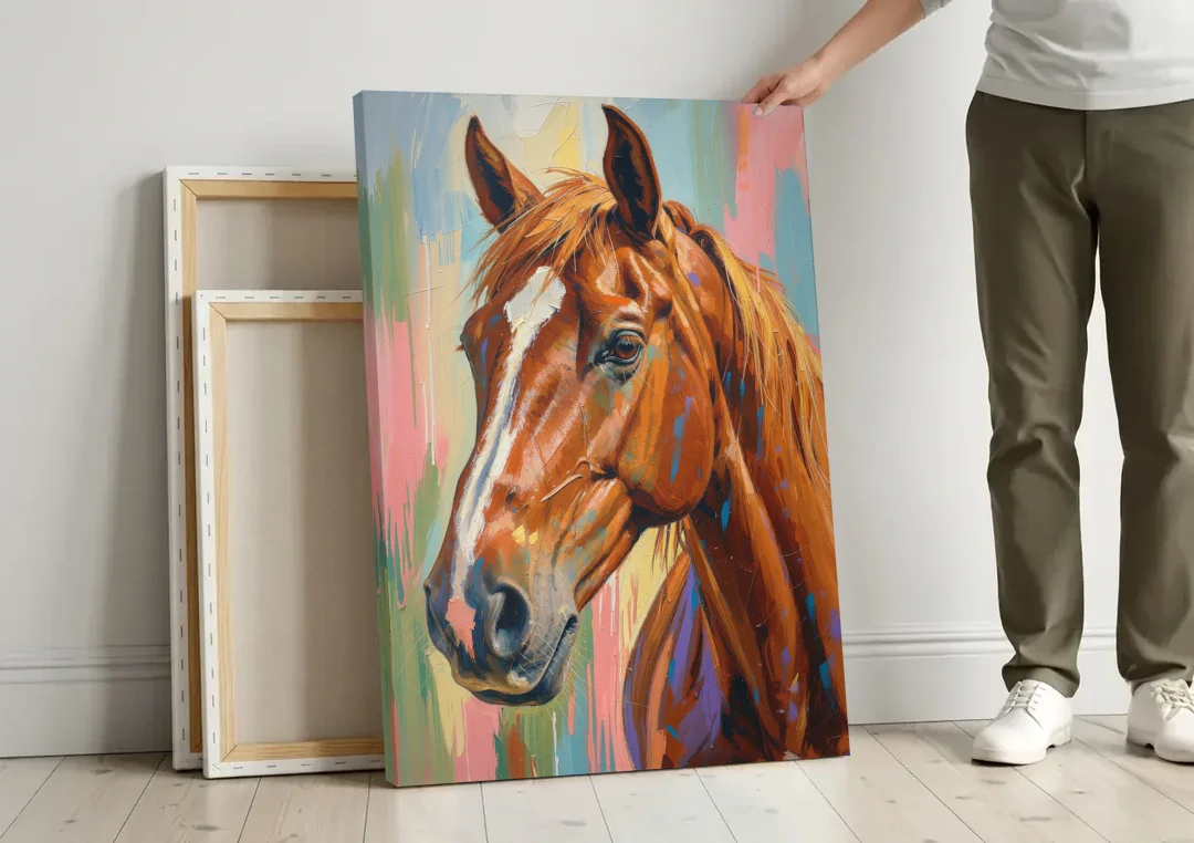 Horse Head Painting of a Chestnut in Pastel Streaks canvas wall art leaning against a wall next to blank canvases