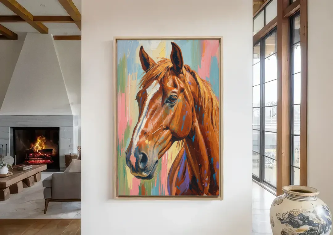 Horse Head Painting of a Chestnut in Pastel Streaks canvas wall art in a living room with a fireplace