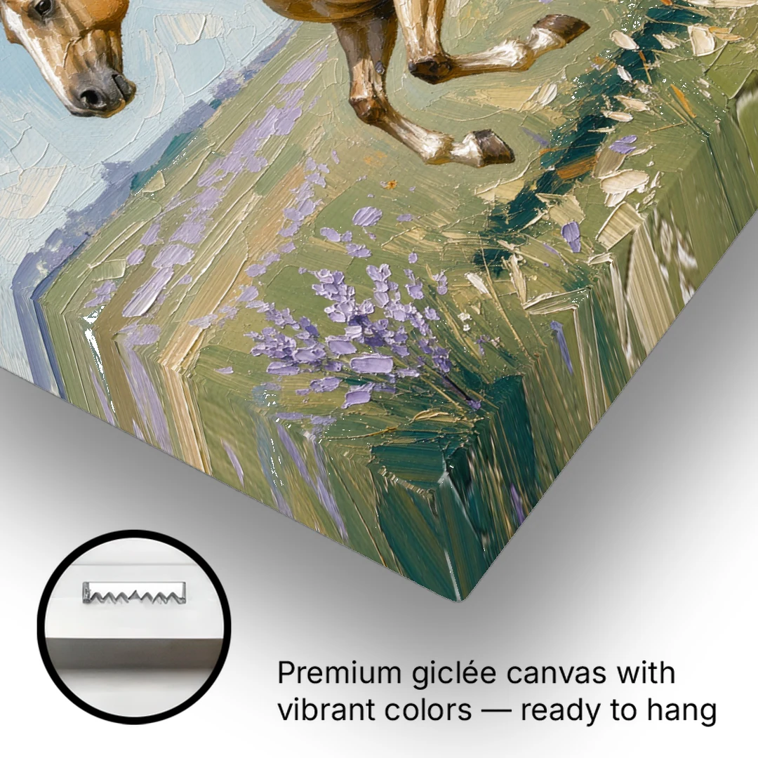 Horse Oil Painting of a Palomino in Lilac Meadow - Canvas Wall Art - Gallery Wrap Corner