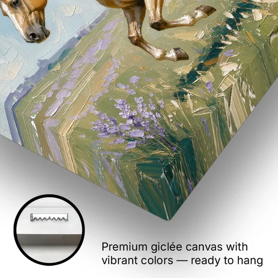 Horse Oil Painting of a Palomino in Lilac Meadow - Canvas Wall Art - Gallery Wrap Corner