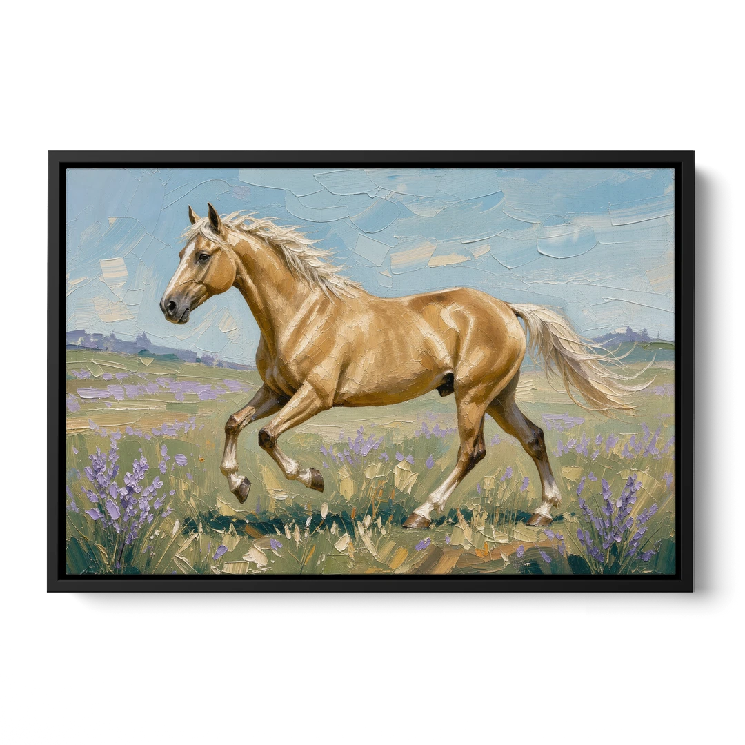 Horse Oil Painting of a Palomino in Lilac Meadow - Black Framed Canvas Wall Art - Front