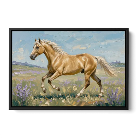 Horse Oil Painting of a Palomino in Lilac Meadow - Black Framed Canvas Wall Art - Front