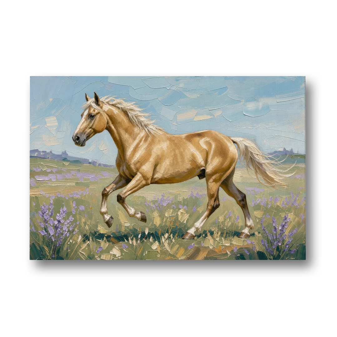 Horse Oil Painting of a Palomino in Lilac Meadow - Canvas Wall Art - Front
