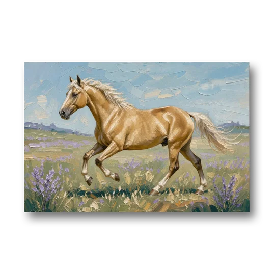Horse Oil Painting of a Palomino in Lilac Meadow - Canvas Wall Art - Front