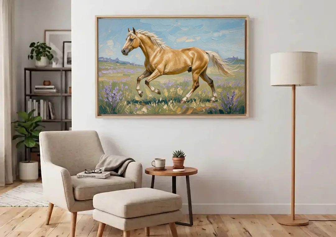 Horse Oil Painting of a Palomino in Lilac Meadow canvas wall art above an armchair in a bright living room