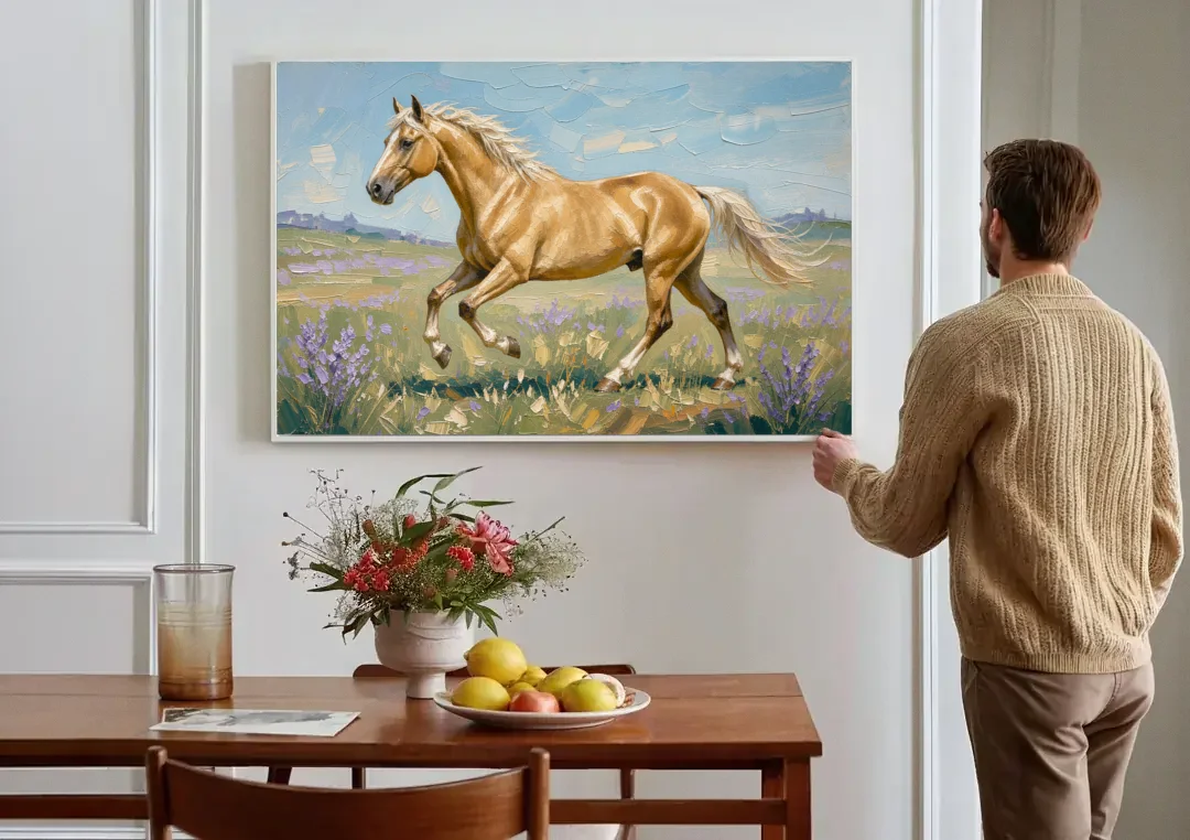 Horse Oil Painting of a Palomino in Lilac Meadow canvas wall art above a dining table