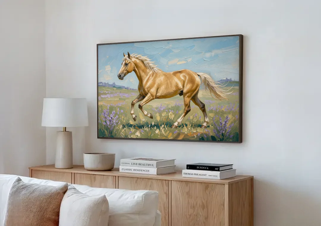 Horse Oil Painting of a Palomino in Lilac Meadow canvas wall art above a wooden sideboard next to a sofa