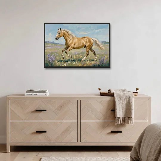 Horse Oil Painting of a Palomino in Lilac Meadow - Black Framed Canvas Wall Art - Coffee Table - 36x24