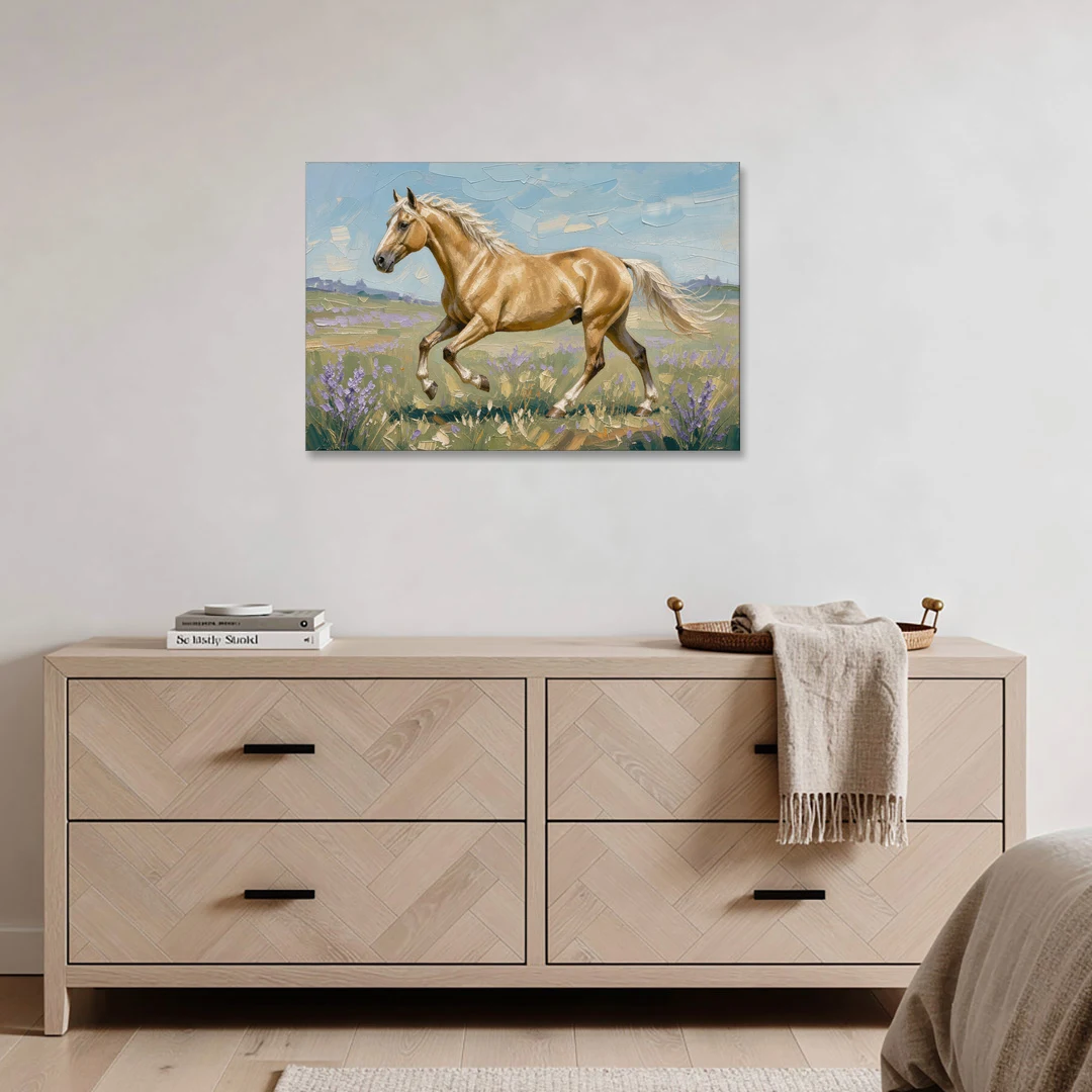 Horse Oil Painting of a Palomino in Lilac Meadow - Canvas Wall Art - Coffee Table - 36x24