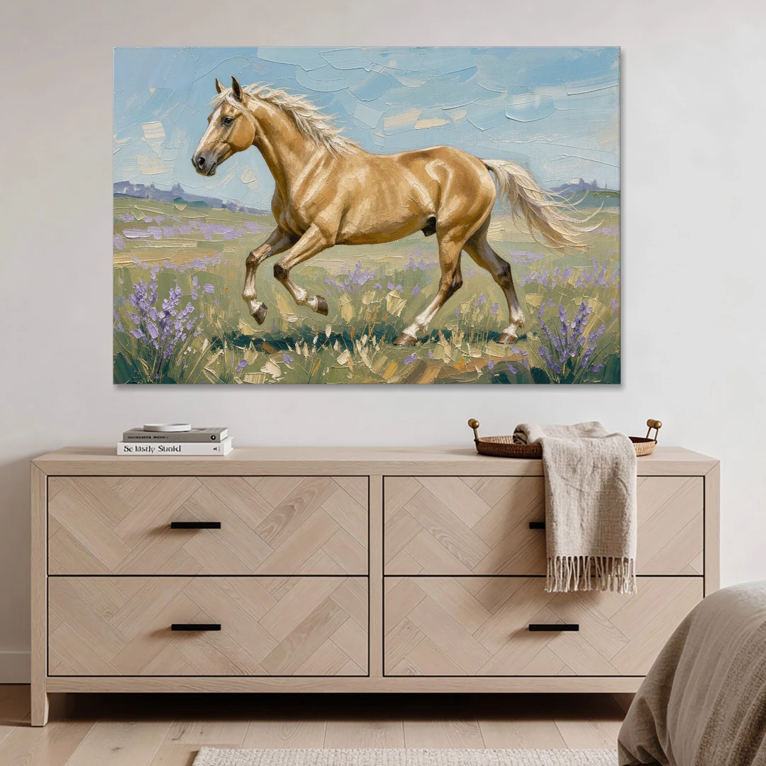 Horse Oil Painting of a Palomino in Lilac Meadow - Canvas Wall Art - Coffee Table - 60x40