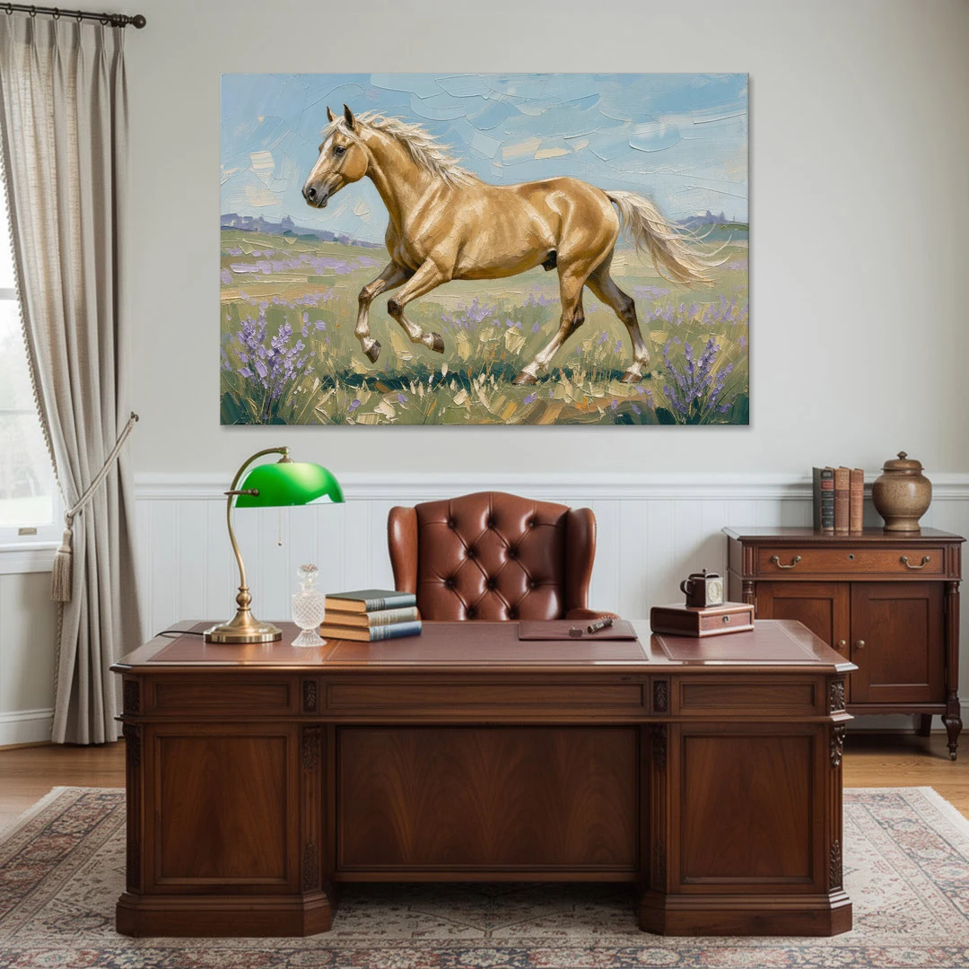 Horse Oil Painting of a Palomino in Lilac Meadow - Canvas Wall Art - Office - 60x40
