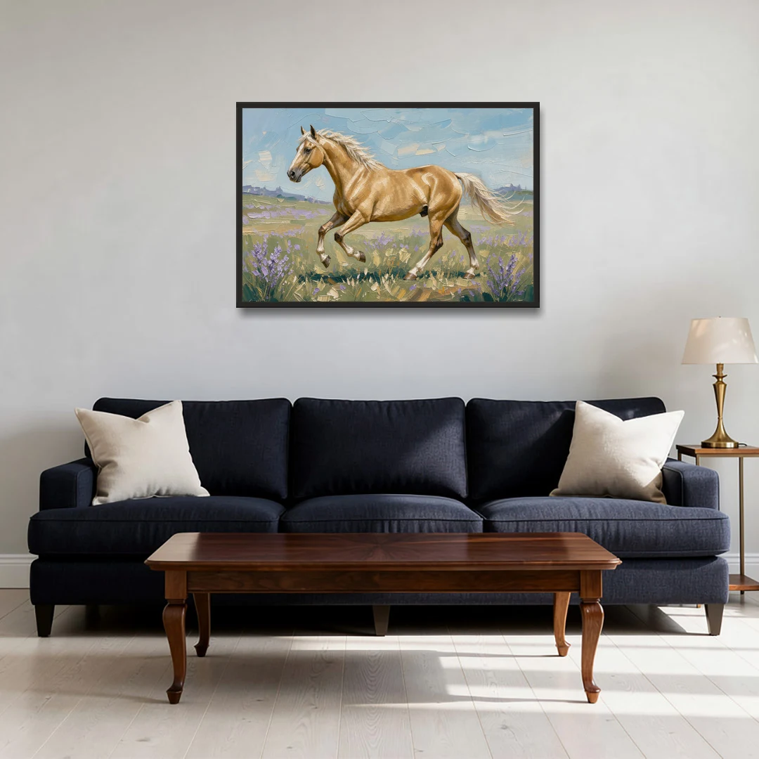 Horse Oil Painting of a Palomino in Lilac Meadow - Black Framed Canvas Wall Art - Sofa - 36x24