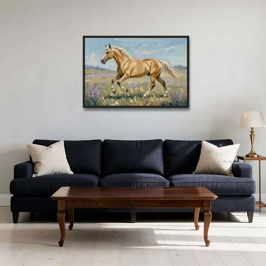 Horse Oil Painting of a Palomino in Lilac Meadow - Black Framed Canvas Wall Art - Sofa - 36x24