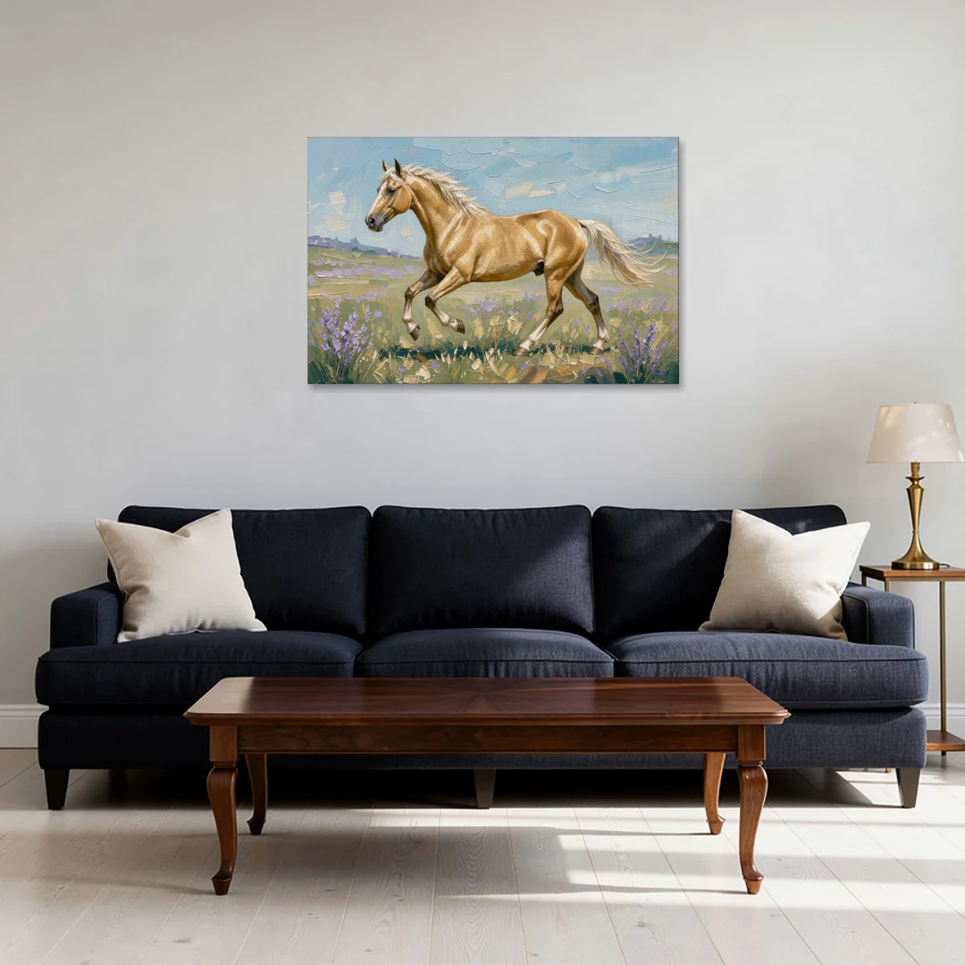 Horse Oil Painting of a Palomino in Lilac Meadow - Canvas Wall Art - Sofa - 36x24