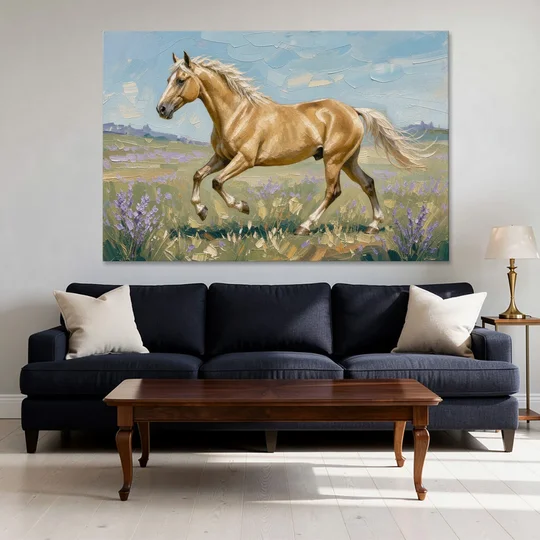 Horse Oil Painting of a Palomino in Lilac Meadow - Canvas Wall Art - Sofa - 60x40