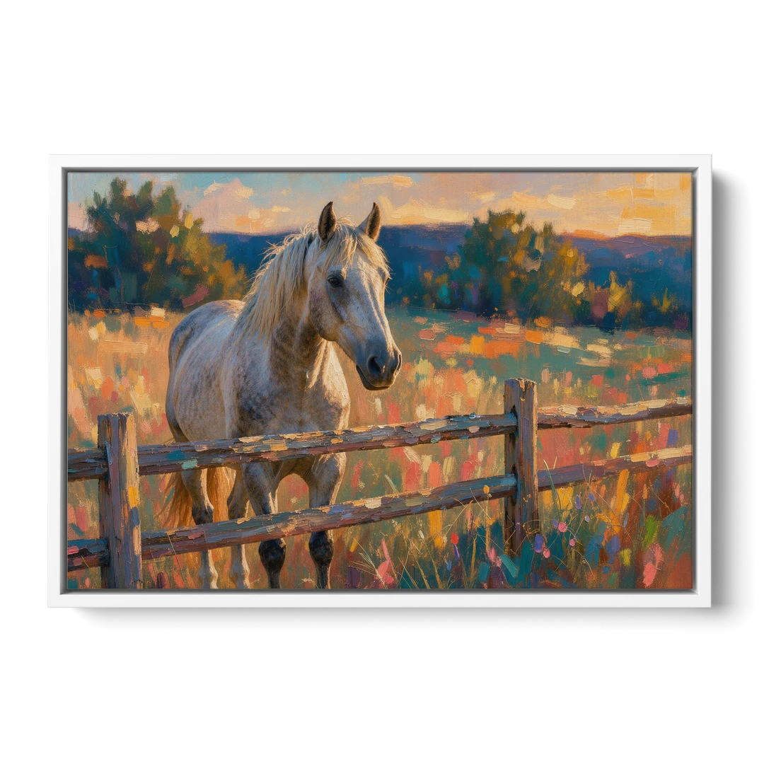 Horse Painting Canvas at the Split-Rail Fence - White Framed Canvas Wall Art - Front