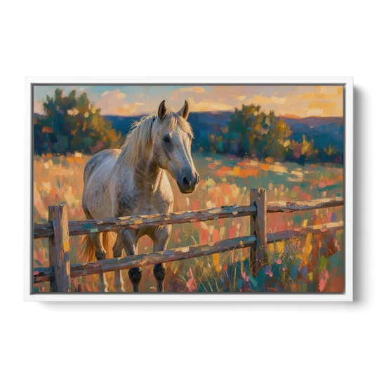 Horse Painting Canvas at the Split-Rail Fence - White Framed Canvas Wall Art - Front