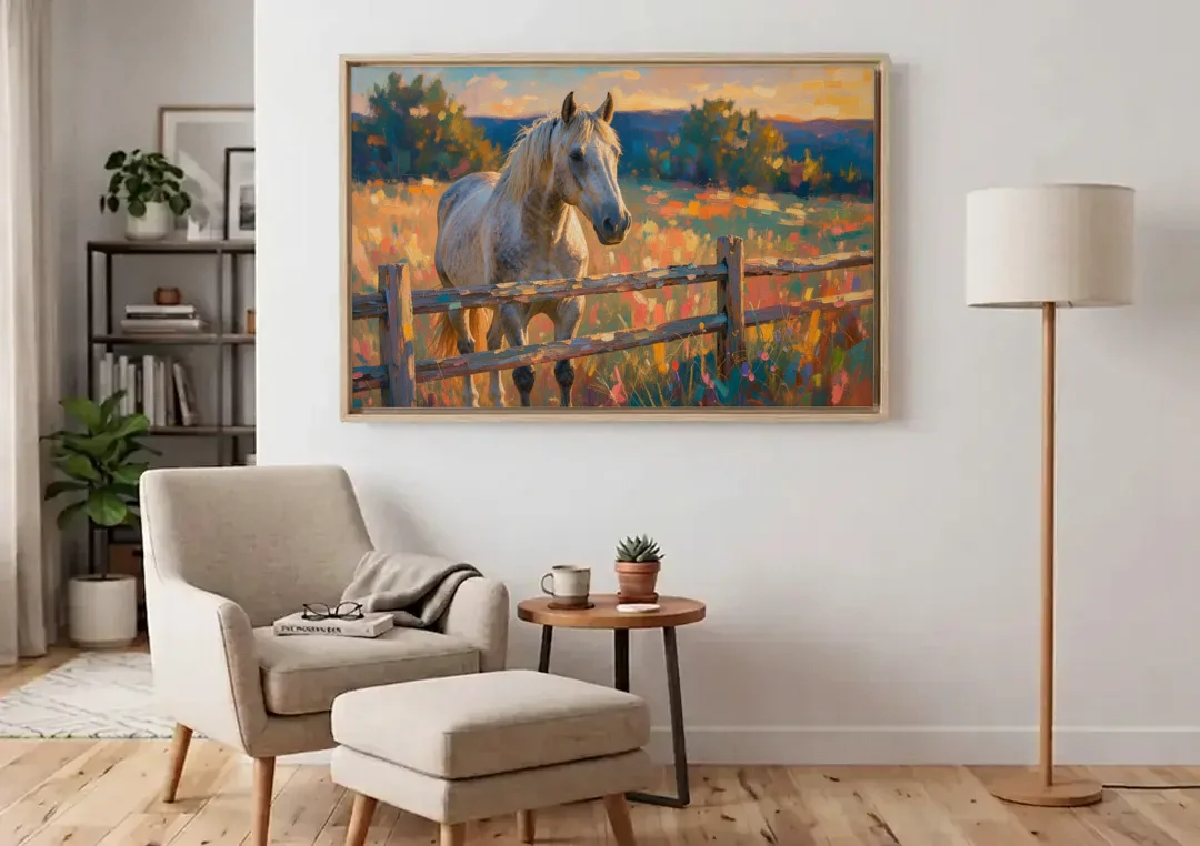 Horse Painting Canvas at the Split-Rail Fence canvas wall art above an armchair in a bright living room