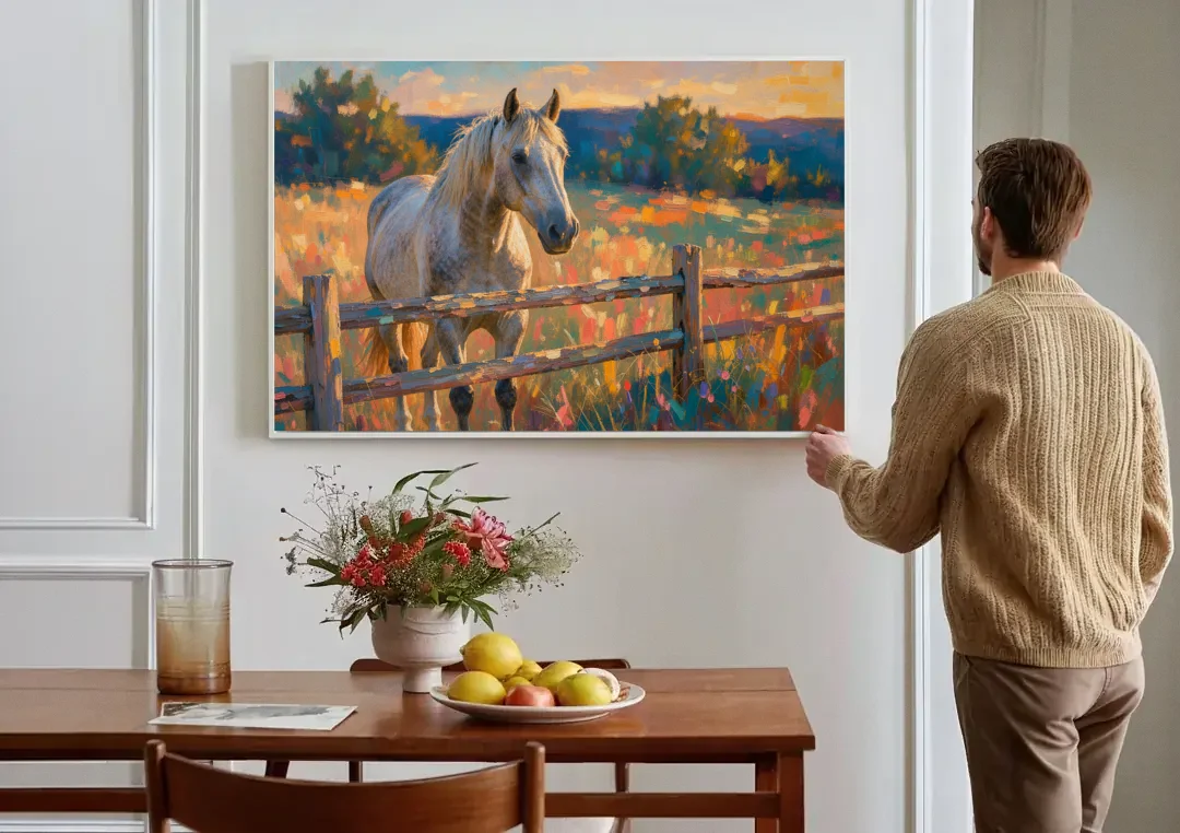 Horse Painting Canvas at the Split-Rail Fence canvas wall art above a dining table
