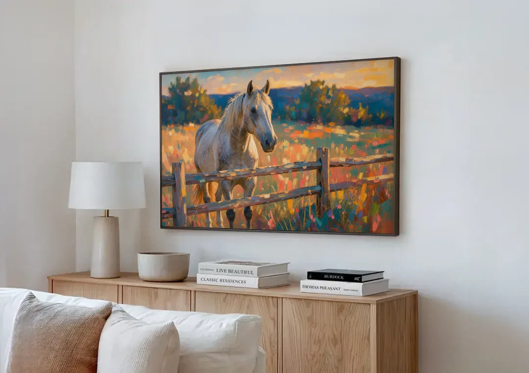 Horse Painting Canvas at the Split-Rail Fence canvas wall art above a wooden sideboard next to a sofa