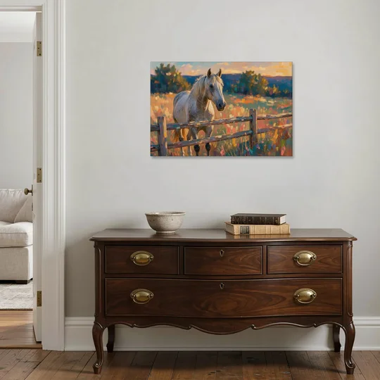 Horse Painting Canvas at the Split-Rail Fence - Canvas Wall Art - Coffee Table - 36x24