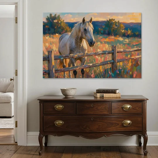 Horse Painting Canvas at the Split-Rail Fence - Canvas Wall Art - Coffee Table - 60x40