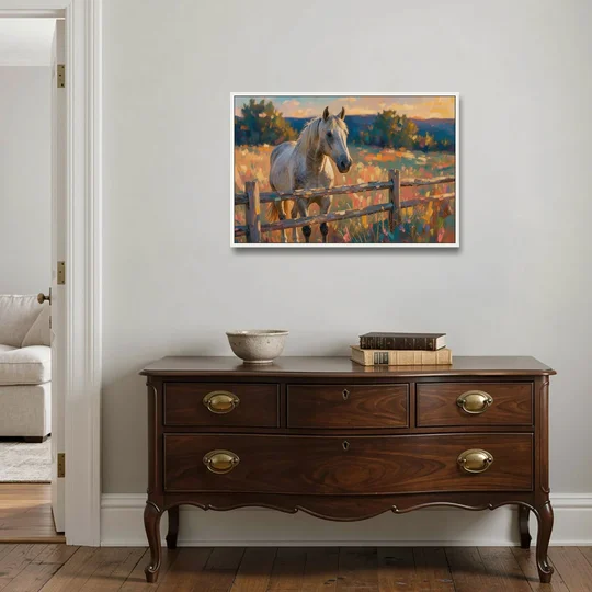 Horse Painting Canvas at the Split-Rail Fence - White Framed Canvas Wall Art - Coffee Table - 36x24