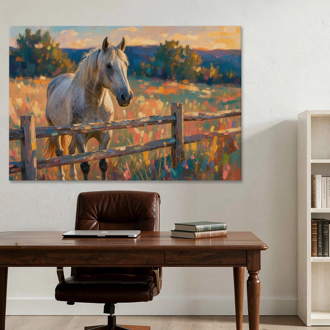 Horse Painting Canvas at the Split-Rail Fence - Canvas Wall Art - Office - 60x40
