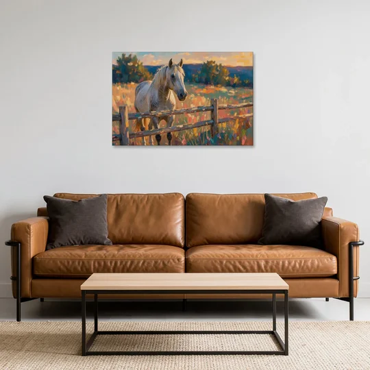 Horse Painting Canvas at the Split-Rail Fence - Canvas Wall Art - Sofa - 36x24