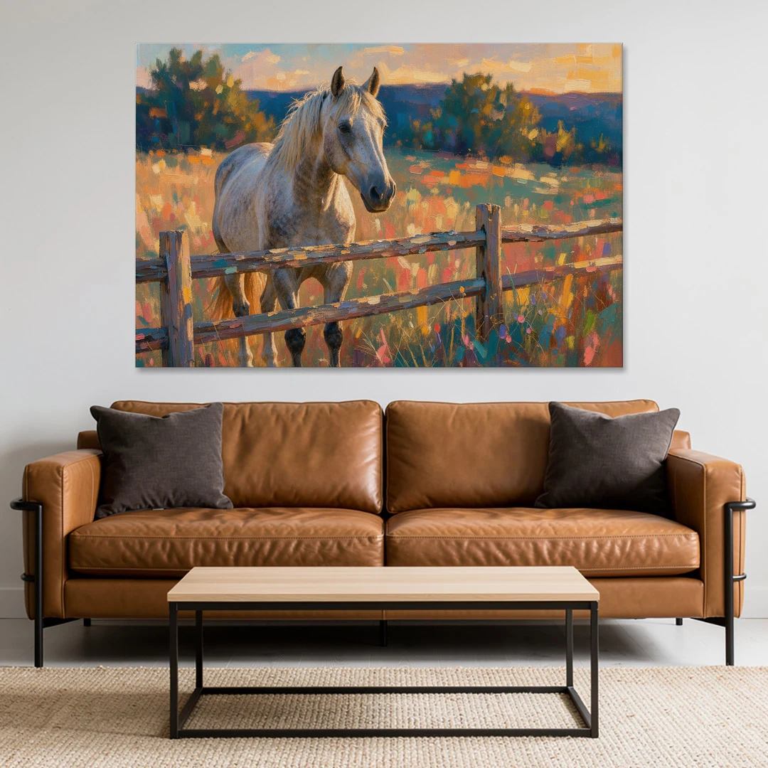 Horse Painting Canvas at the Split-Rail Fence - Canvas Wall Art - Sofa - 60x40