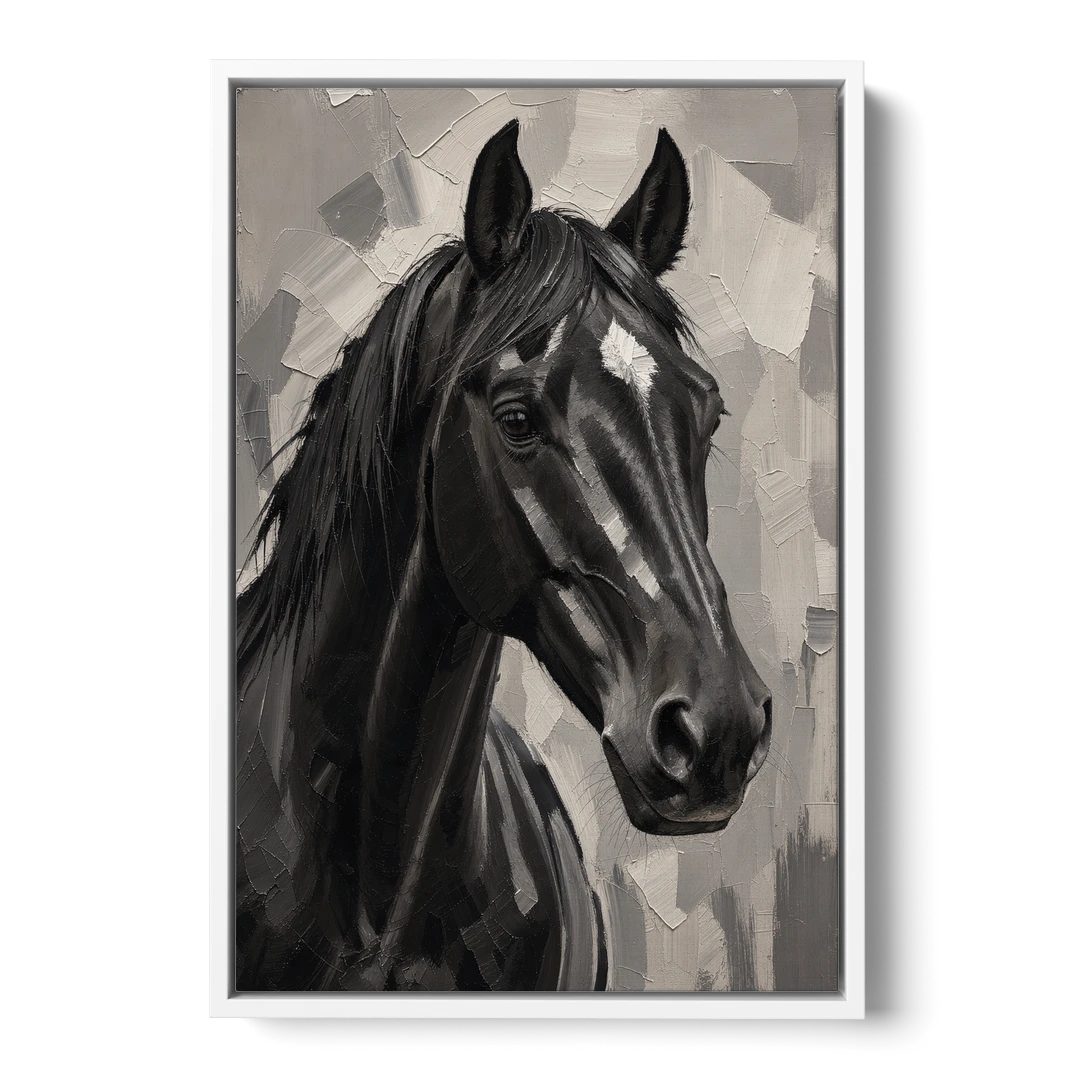 Horse Portrait Painting in Charcoal and Ivory - White Framed Canvas Wall Art - Front