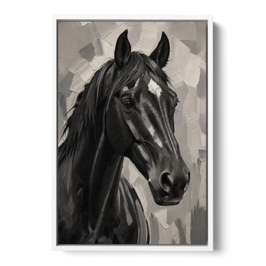 Horse Portrait Painting in Charcoal and Ivory - White Framed Canvas Wall Art - Front