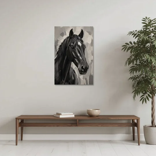 Horse Portrait Painting in Charcoal and Ivory - Canvas Wall Art - Coffee Table - 24x36
