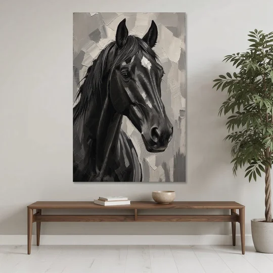 Horse Portrait Painting in Charcoal and Ivory - Canvas Wall Art - Coffee Table - 40x60