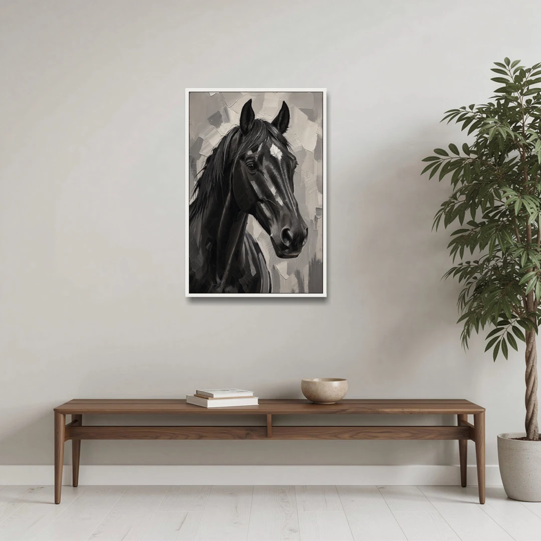 Horse Portrait Painting in Charcoal and Ivory - White Framed Canvas Wall Art - Coffee Table - 24x36