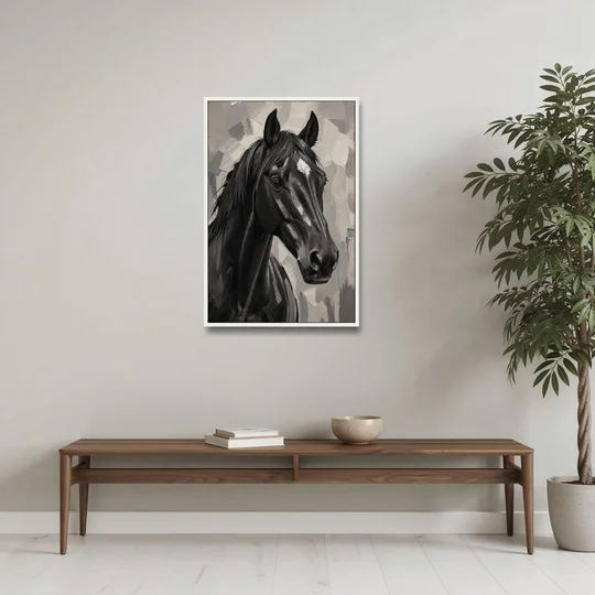 Horse Portrait Painting in Charcoal and Ivory - White Framed Canvas Wall Art - Coffee Table - 24x36