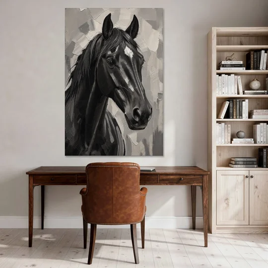 Horse Portrait Painting in Charcoal and Ivory - Canvas Wall Art - Office - 40x60