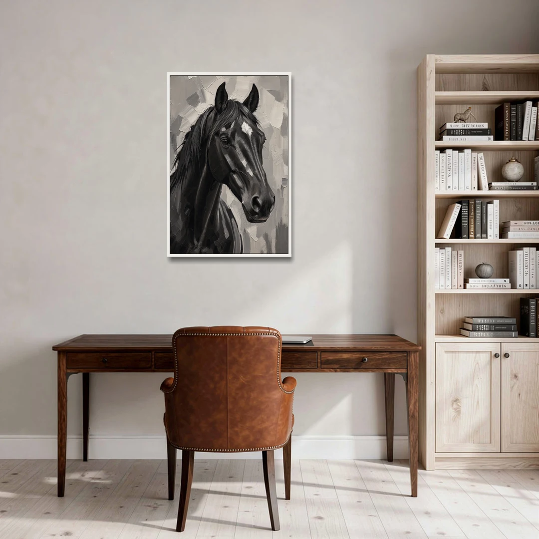Horse Portrait Painting in Charcoal and Ivory - White Framed Canvas Wall Art - Office - 24x36