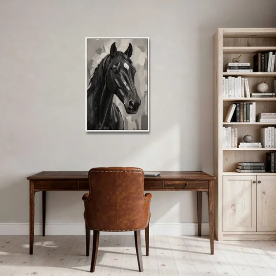 Horse Portrait Painting in Charcoal and Ivory - White Framed Canvas Wall Art - Office - 24x36