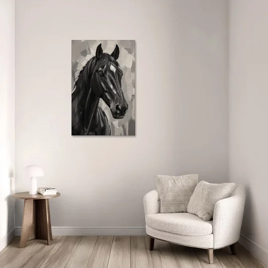 Horse Portrait Painting in Charcoal and Ivory - Canvas Wall Art - Sofa - 24x36