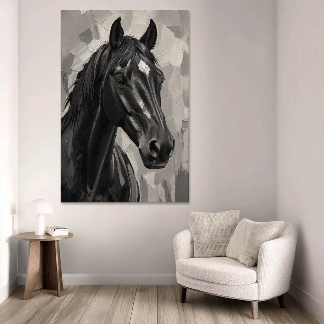 Horse Portrait Painting in Charcoal and Ivory - Canvas Wall Art - Sofa - 40x60