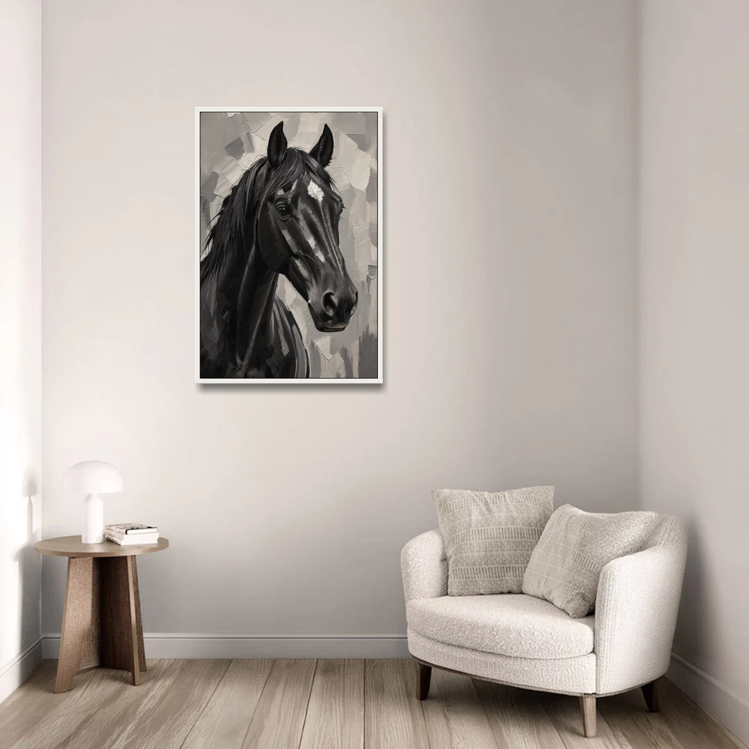Horse Portrait Painting in Charcoal and Ivory - White Framed Canvas Wall Art - Sofa - 24x36