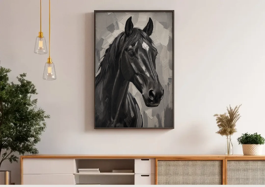 Horse Portrait Painting in Charcoal and Ivory canvas wall art above a wooden sideboard under pendant lights