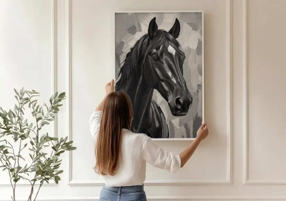 Horse Portrait Painting in Charcoal and Ivory canvas wall art being hung on a paneled wall