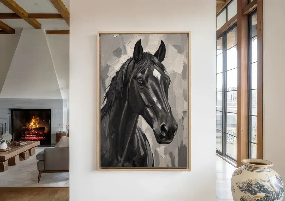 Horse Portrait Painting in Charcoal and Ivory canvas wall art in a living room with a fireplace