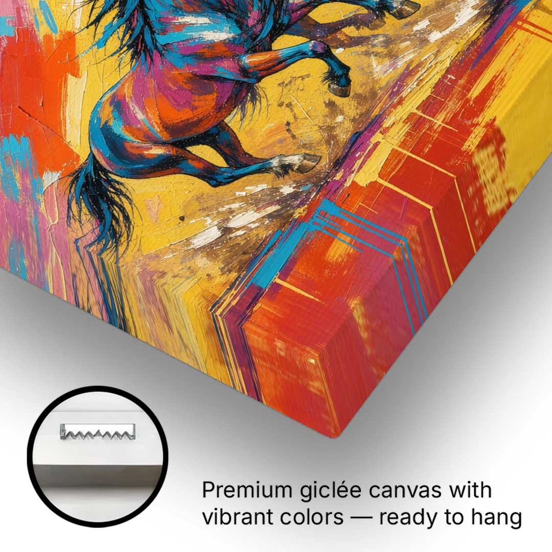 Horse Wall Art Three Mustangs in Electric Color - Canvas Wall Art - Gallery Wrap Corner