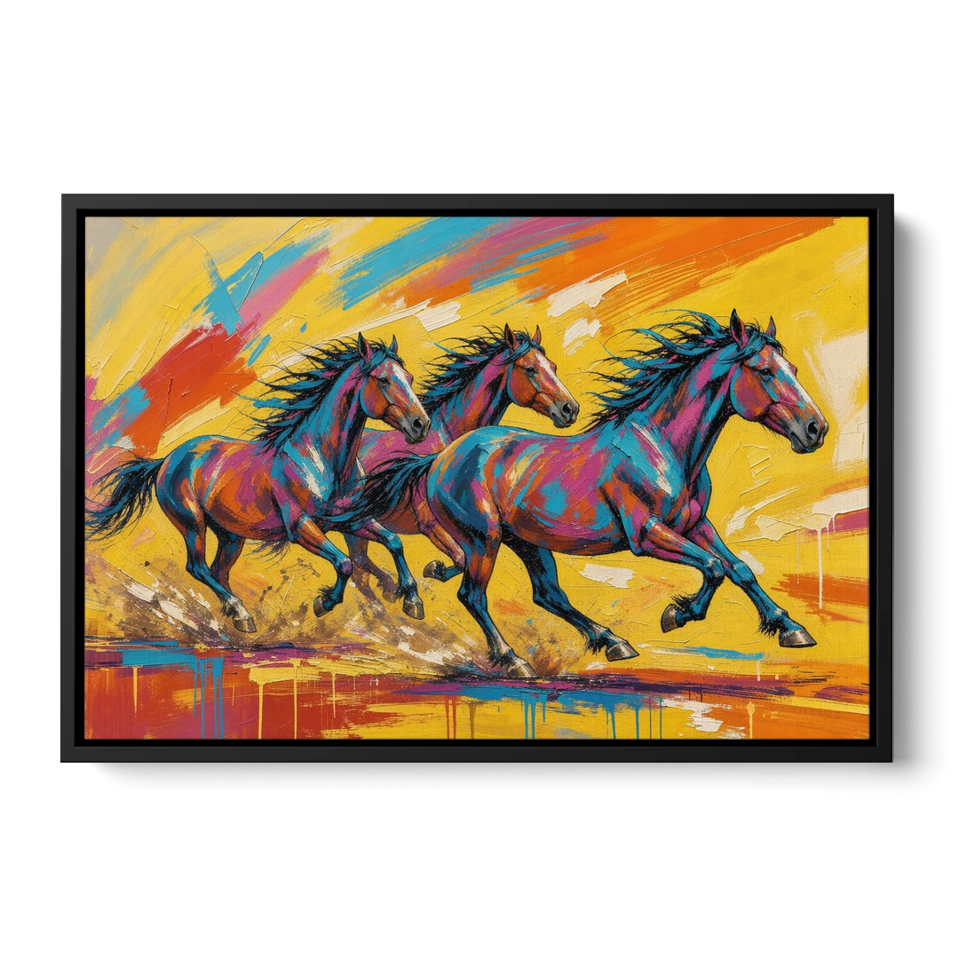 Horse Wall Art Three Mustangs in Electric Color - Black Framed Canvas Wall Art - Front