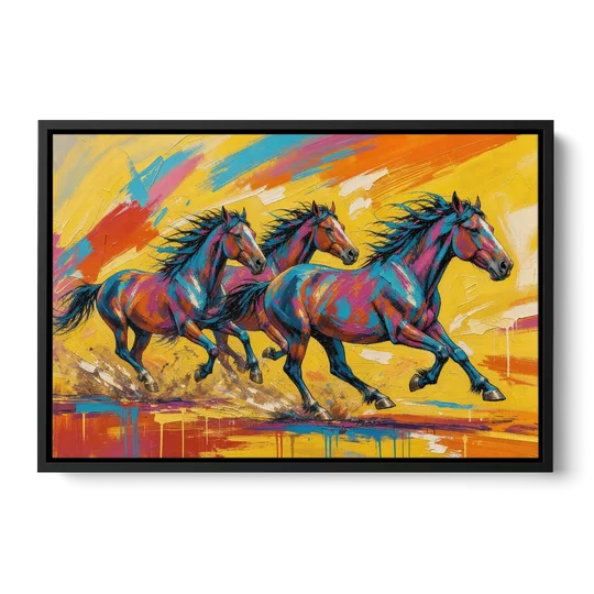 Horse Wall Art Three Mustangs in Electric Color - Black Framed Canvas Wall Art - Front